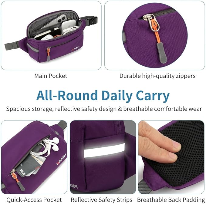 Fanny Pack for Men Women 2L Lightweight Waist Belt Hip Bag Slim Crossbody Adjustable Water Resistant Bum Belt Pouch for Travel Running Shopping Hiking Cycling Climbing EDC PURPLE