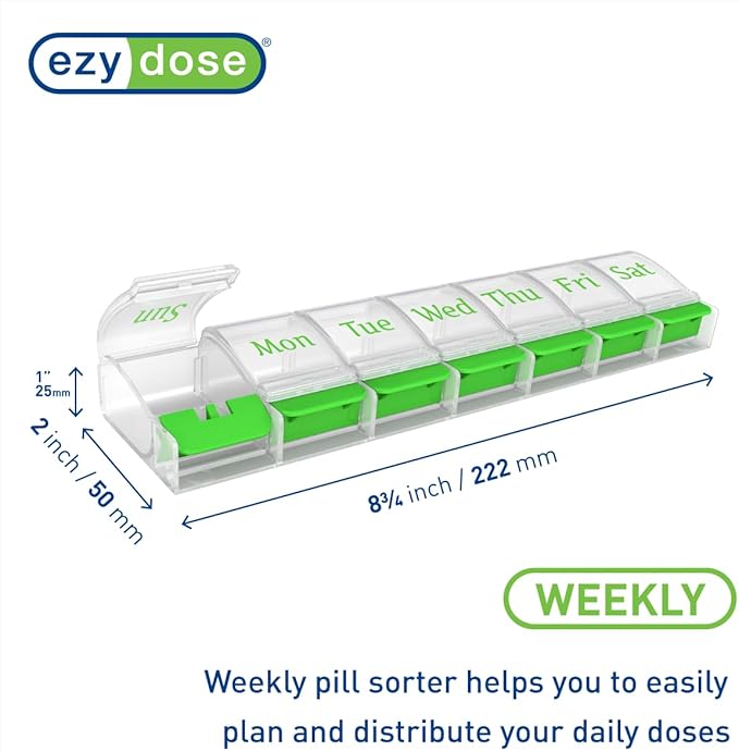 EZY DOSE Weekly (7-Day) AM/PM Daily Pill Organizer, Vitamin Case, and Medicine Container, X-Large Compartments, Arthritis Friendly, Convenient with Effortless Portability, Clear/Green Lids, BPA Free