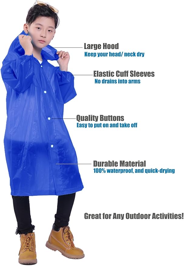 Kids Rain Jacket, 2 Pack Rain Ponchos for Kids - Reusable Raincoats for Boys and Girls Waterproof Outdoor Rain Gear