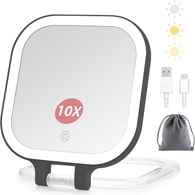 DESCHEN Rechargeable Travel Makeup Vanity Mirror with Lights and Magnification, 7" Portable 1X/10X Magnifying Mirror with 4 Color Light, Lighted Makeup Mirror with Magnification, Folding LED - Black