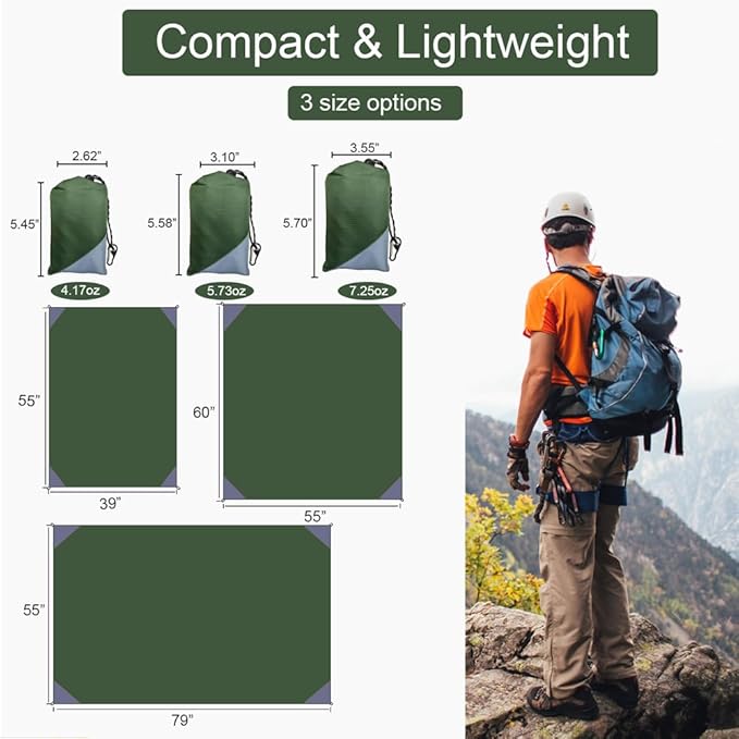 Orga'Neat Pocket Picnic Blanket, Beach Mat Waterproof Sandproof, Compact Lightweight Small Tarp for Camping, Hiking, Backpacking, Festival, Travel, Foldable in Bags (Army Green/Grey, 55"x39")