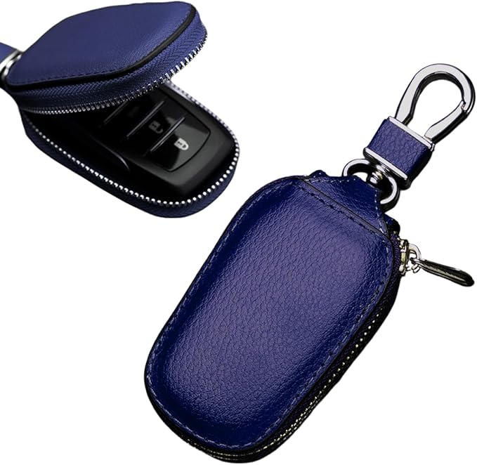 Yourkar Car Key Case, Genuine Leather Auto Key Fob Storage Bag, Key Chain Holder Key Ring Zipper Bag, Car Accessories (Blue)