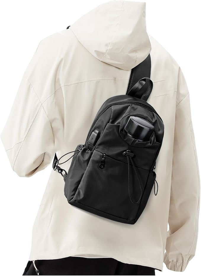 SEAFEW Black Sling Crossbody Bag for Men Women, Tactical Backpack Shoulder Daypack Mini Anti-Theft Cross Body Motorcycle Chest Bags, Small One Strap Fanny Back Pack for Casual Travel Hiking Sport Gym