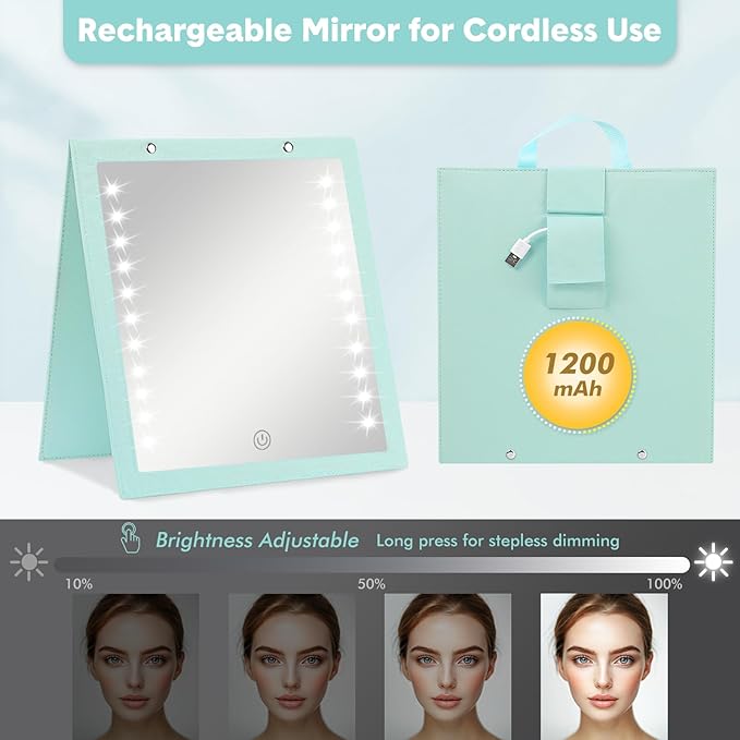 Fabuday Lighted Hanging Mirror for Dance Backstage - Rechargeable Folding LED Full Length Mirror with Lights for Dancers, Portable Foldable Travel Body Mirrors, Brightness Adjustable, Cyan