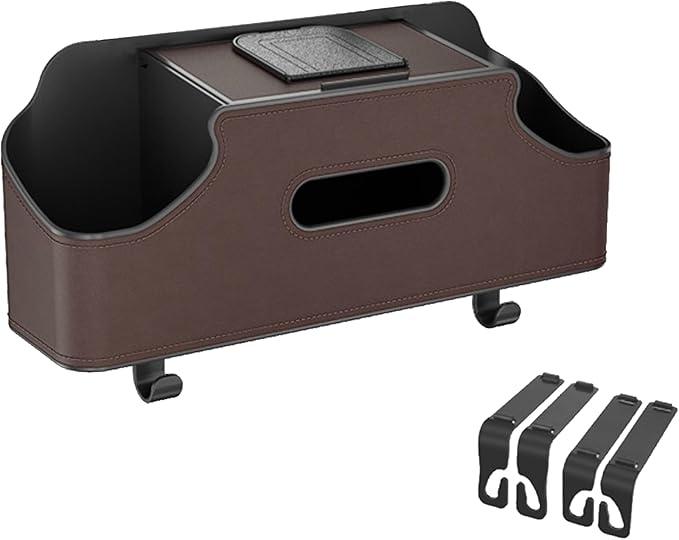 Car Headrest Backseat Organizer, Multi-Functional Vehicle Headrest Hanging Storage Box with Hook Cup Phone Holder Tissue Box, Universal Automotive Interior Seat Back Organizer (Brown)