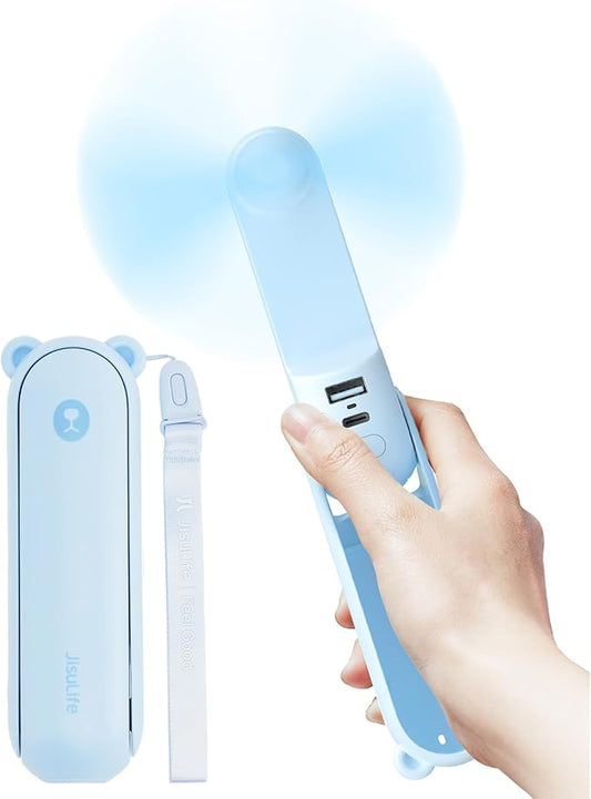 JISULIFE Handheld Fan with 4500 mAh Powerbank Max 40 Hours Runtime, Pocket Portable Battery Operated or USB Powered Folding Personal Fan, 3 Speeds, Gifts for Women Men Kids Gift for Festival-Blue