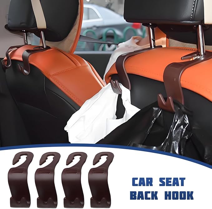 Car Seat Headrest Hook, 4PCS Vehicle Seat Back Storage Hanger for Handbag Purse Grocery, Automotive Interior Organization Holder Hook, Universal for SUV, Truck, RV (Brown)