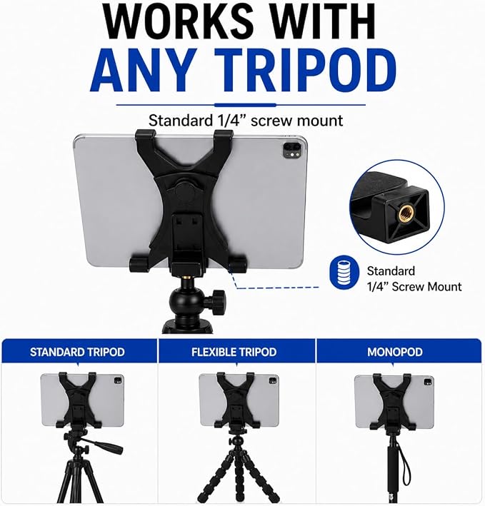 Acuvar Universal Tablet Tripod Mount Holder, Adjustable Stand Adapter for iPad, Samsung Galaxy Tab & Surface, Fits 8–11 Inch Tablets (Vertical & Horizontal), Compatible with Tripods & Monopods