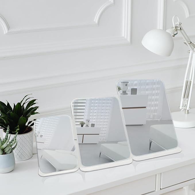 Makeup Mirror, 7x10 Inches Portable PU Leather Mirror, Folding Desktop Vanity Mirror with Adjustable Stand for Vanity Table, Office, Travel (L, White)