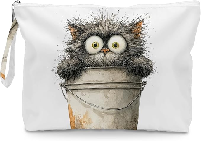 Fokongna Cute Print Wet Bag, Small Portable Waterproof Multi-Functional Organizer for Women, Beige Bucket Grey Cat, Ideal for Daily, Beach & Travel
