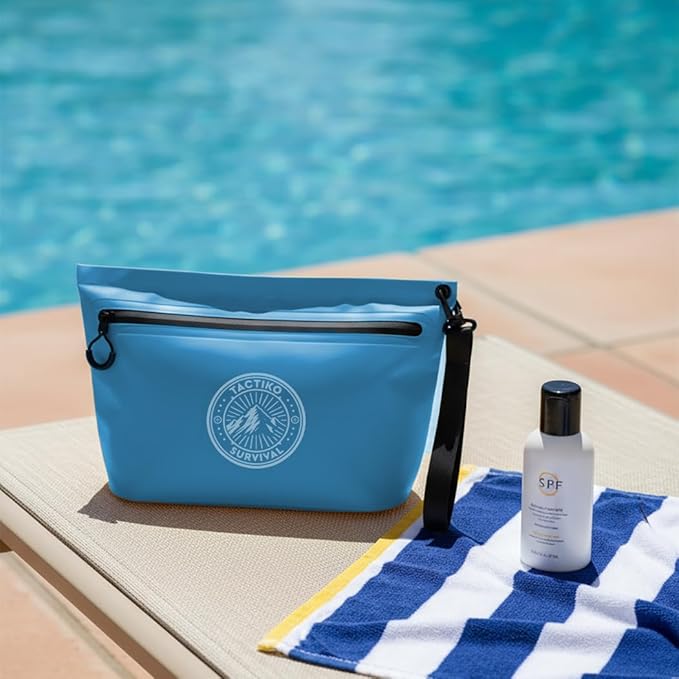 Tactiko 3L Water Resistant Pouch - Waterproof Material w/Splashproof Zipper - Hold All Zipper Bag for Storage, Toiletries,Travel, Beach, Cruise, Home (Blue)