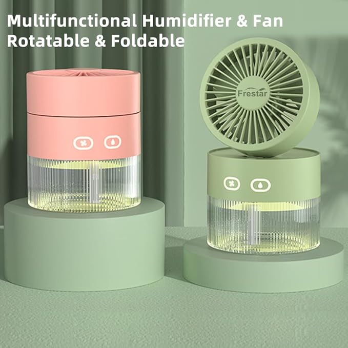 Personal Cooling Fan and Small Air Humidifier 350ml with LED Night Light, Desktop USB Charging 3 in 1 for Office and Small Room, No Battery, Green