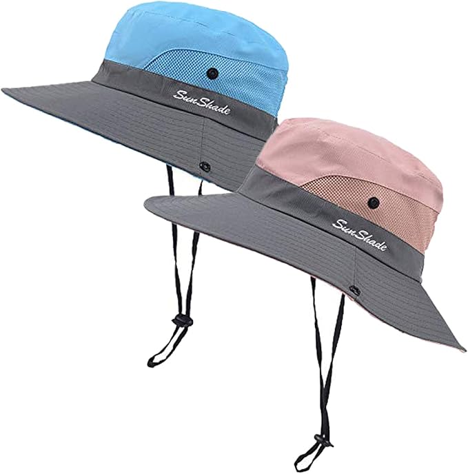 Sun Hat for Women Summer UV Protection Beach Hat Wide Brim Mesh Bucket Fishing Hat with Ponytail Hole Foldable Packable Hat