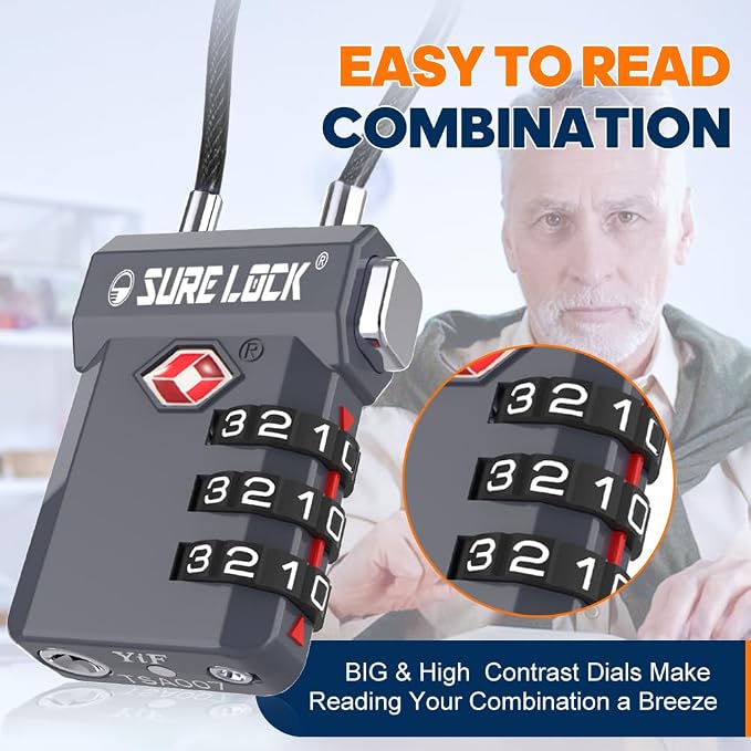 SURE LOCK TSA Approved Luggage Locks with Open Alert Indicator, 3 Digit Combination Cable Travel Lock for Suitcase, Backpack, Gym Locker, Toolbox, Carry On & Travel Bag