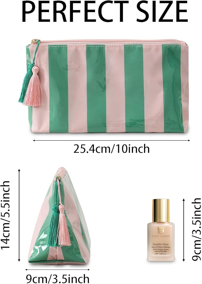 DYSHAYEN Makeup Bags for Purse,Small Clear Coated Cosmetic Bags for Women Girls, Waterproof Travel Organizer Zipper Pouch Beach Vacation Essentials (Pink-Green)