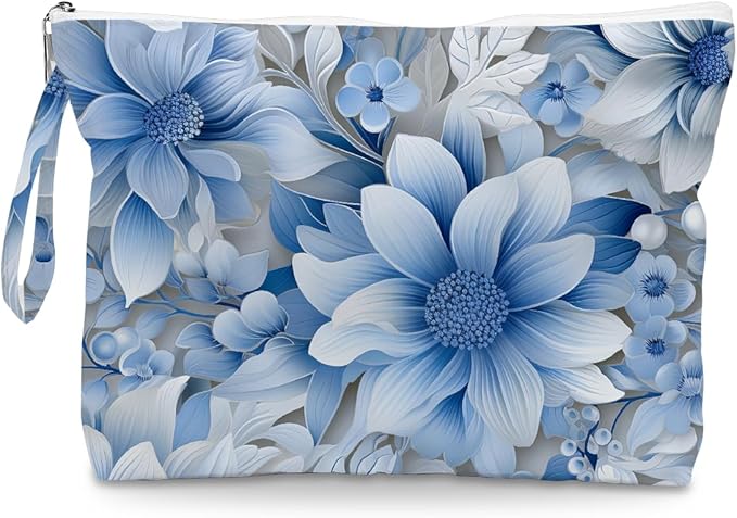 Fokongna Floral Print Wet Bag, Small Portable Waterproof Multi-Functional Organizer for Women, Ideal for Daily, Beach & Travel, Monochrome Blue Botany
