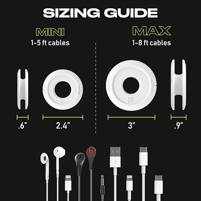 Side Winder Mini and Max Headphone, Earbud and Charging Cable Winder and Organizer Perfect for Wrapping Earbuds and Cords for Travel and Organization 4-Pack (White, Max)