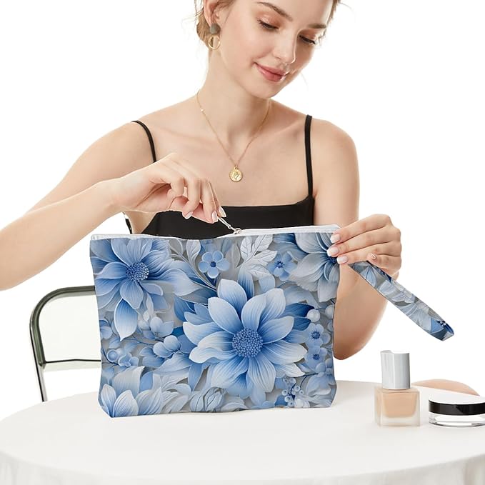 Fokongna Floral Print Wet Bag, Small Portable Waterproof Multi-Functional Organizer for Women, Ideal for Daily, Beach & Travel, Monochrome Blue Botany