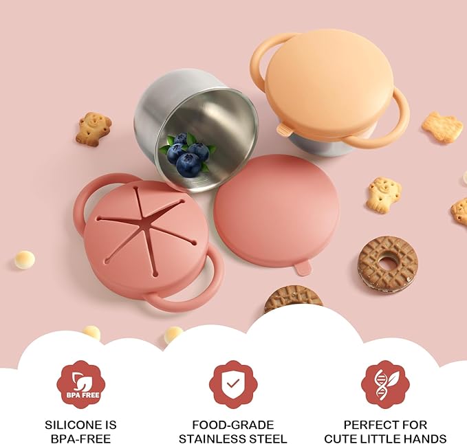 Daximo 2 Pack Snack Cups for Toddlers Spill Proof - Detachable Stainless Steel Toddler Snack Cups with Silicone Lids & Handles - Dishwasher Safe Snack Container(Orange and Yellow)