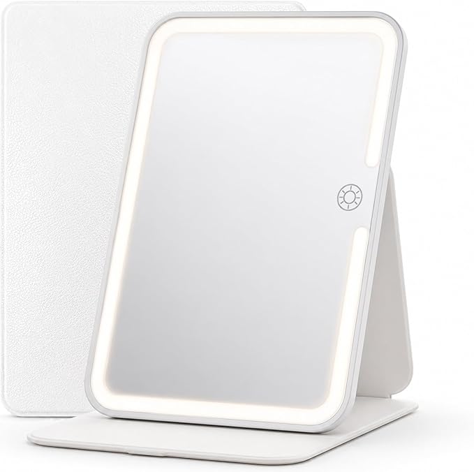 Travel Makeup Mirror with Lights, Lighted Vanity Mirror, 9", Pearl White