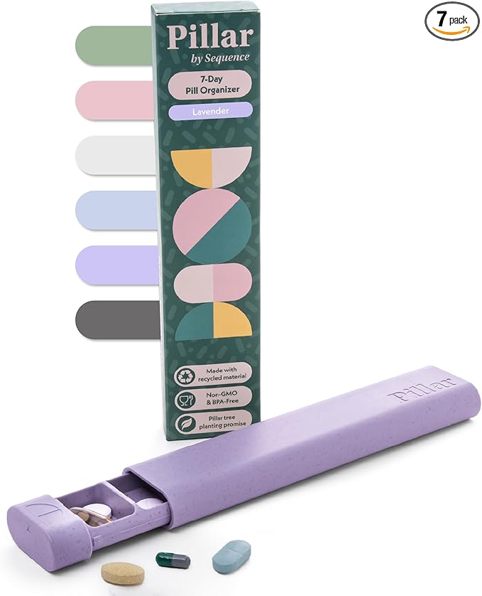 Pillar - 7-Day Pill Organizer | Weekly Medicine Pill Container Travel Box - Aesthetic Medication Holder - Stylish Travel Pill Case - Cute Small Medication Organizer 7 Day for Women (Lavender)