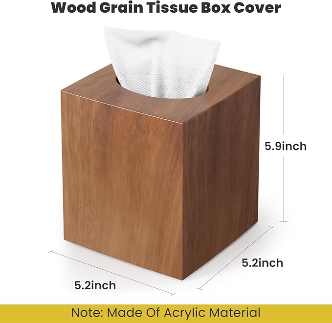 Tissue Box Holder, Tissue Box Cover Square Facial Tissue Holder Storage for Bathroom Vanity, Countertops, Dressers, Night Stand and Offices, Modern Farmhouse Decor, Wood Grain