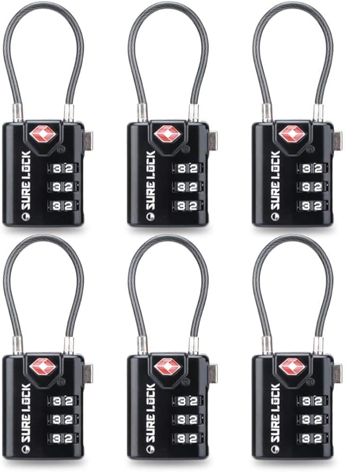 SURE LOCK TSA Approved Luggage Locks with Open Alert Indicator, 3 Digit Combination Cable Travel Lock for Suitcase, Backpack, Gym Locker, Toolbox & Travel Bag(Black 6 Pack