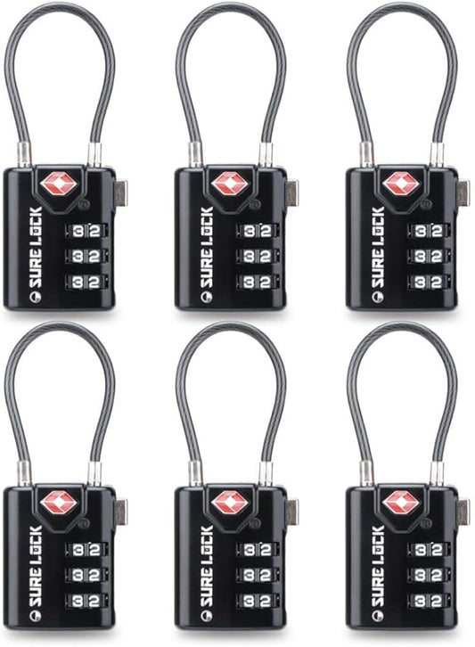 SURE LOCK TSA Approved Luggage Locks with Open Alert Indicator, 3 Digit Combination Cable Travel Lock for Suitcase, Backpack, Gym Locker, Toolbox & Travel Bag(Black 6 Pack