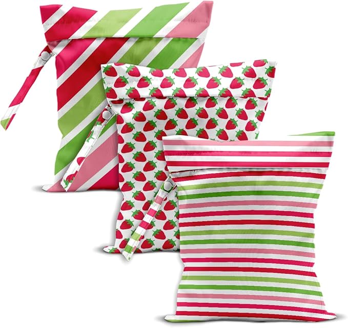 Strawberry Stripe Print Wet Bag, 3 Pack, Washable Reusable Wet Dry Bag for Swimsuit, Dirty Clothes Diaper Travel Pool Gym Party Camping Toiletries Travel Beach Essentials, Strawberry Lover Gifts