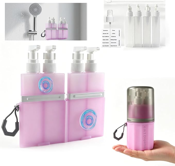 4 in 1 Travel Dispenser，Unbreakable Silicone Travel Dispenser Bottle, Vacuum Suction Wall Mounted Refillable Containers,Leakproof Toiletry Containers for Shampoo, Lotion, Baby Care-Pink.