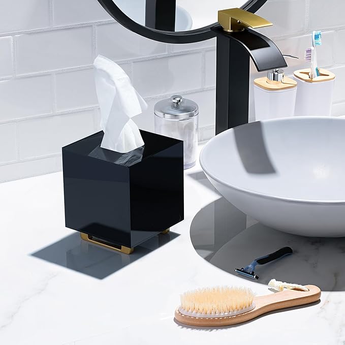 YoBa Thick Black Acrylic Tissue Box Holder Square Tissue Box Dispenser with Gold Plated Aluminum Legs for Bathroom, Kitchen, Bedroom, Office, Hotel and Restaurant