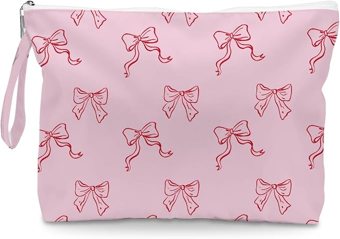 Fokongna Floral Print Wet Bag, Small Portable Waterproof Multi-Functional Organizer for Women, Pink with Red Bows,Ideal for Daily, Beach & Travel,