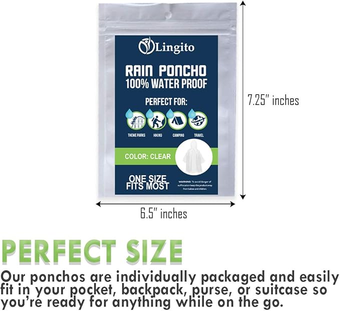 Lingito Clear Emergency Rain Ponchos Adults, Thicker, 100% Waterproof Emergency Camping Rain Poncho, Amusement Parks, Hikes