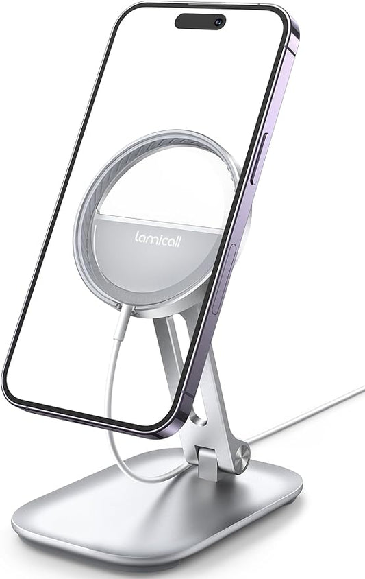 Lamicall Phone Stand for Apple 15W MagSafe Charger - Dual Hinge Collapsible Adjustable Charging Holder Dock for Desk Nightstand, Fit for Airpods, iPhone 17/16/15/14 Series[Only Stand]