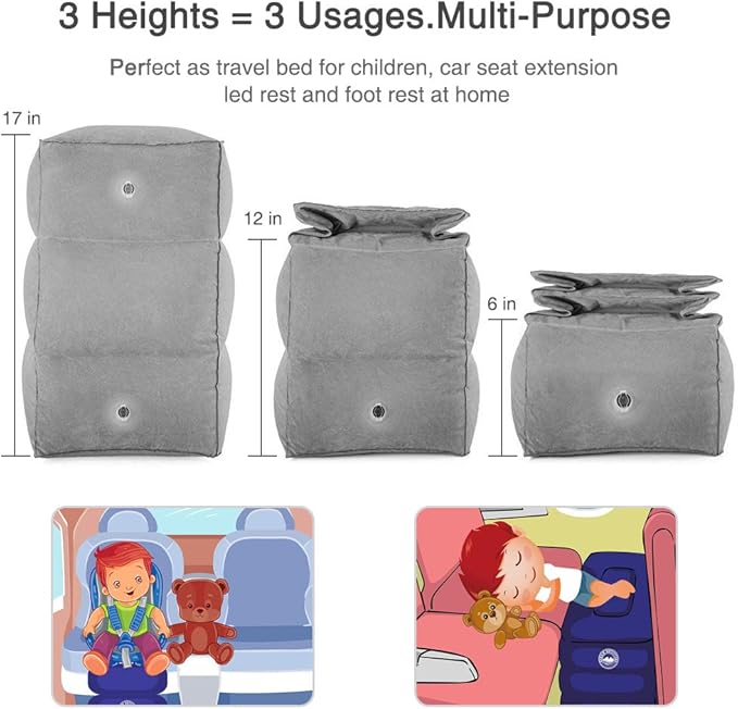 Inflatable Air Travel Foot Rest, Car Back Seat Pillow for Kids, Adjustable Height Leg Pillow for Long Flights, with Air Pump and Easy-Carry Strap, Great for Train, Office, Home (Grey, 2 Pack)