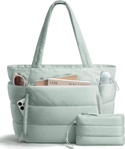 Bagstellar Puffer Tote Bag for Women, Lightweight Puffy Work Handbag Teacher Nurse Quilted Shoulder Bag for School Travel Gym | Cloud Bag w/ Zipper