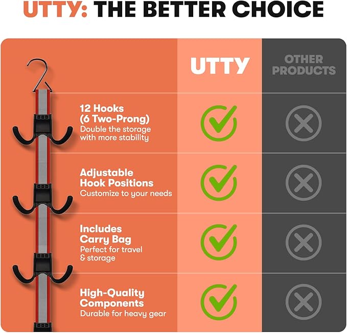 UTTY Multipurpose Portable Hanging Rack - Durable Hockey Gear Drying Rack & Sports Equipment Organizer - 6 Durable Adjustable Hooks, Support Light to Heavy Weight for Home, Travel & Outdoor Use