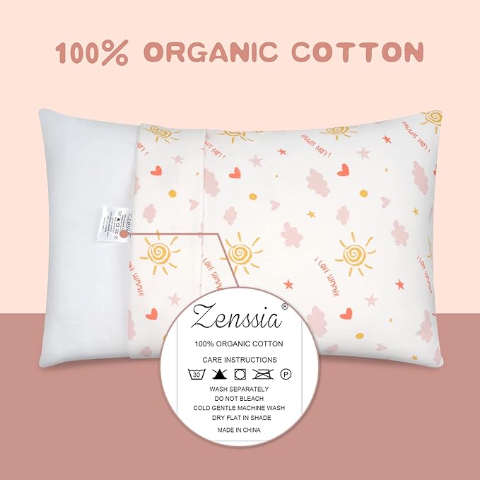 Zenssia Organic Cotton Toddler Pillowcases Pack of 2, 13x18 Inches Travel Pillowcase with Envelope Closure, Soft & Breathable Baby Pillow Case Cover, Sunny Pink