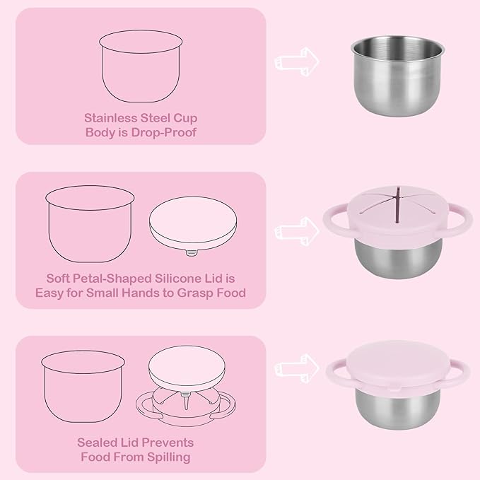 Daximo 2 Pack Snack Cups for Toddlers Spill Proof - Detachable Stainless Steel Toddler Snack Cups with Silicone Lids & Handles - Dishwasher Safe Snack Container(Light blue and Light pink)