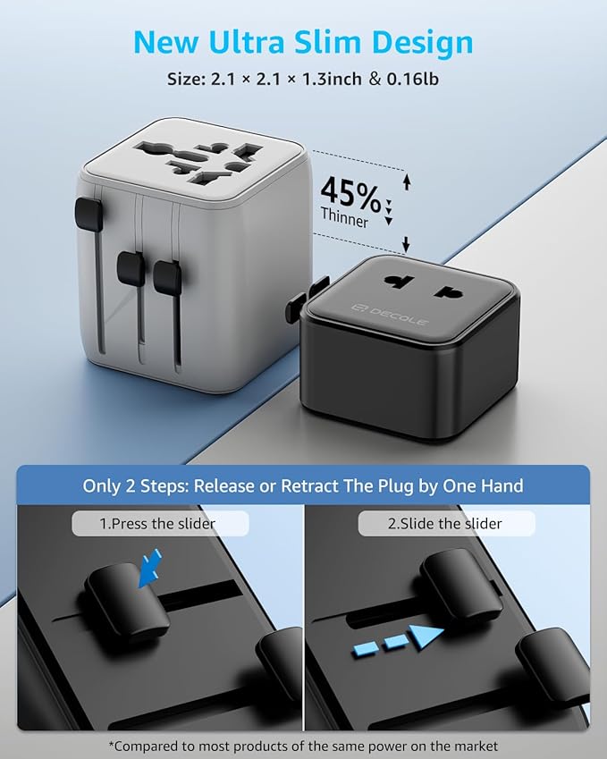 “Air” Universal Travel Adapter, Slim International Travel Plug Adapter with 2500W Max AC Socket, All in One Portable Adaptor, for USA, UK, EU, AU ＆ 224+ Countries (Black) US