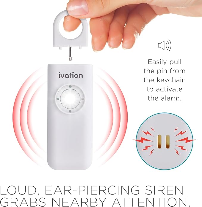 Ivation Personal Rechargeable SOS Alarm, Pocket Size Loud 130dB Sound Safety Siren & LED Panic Strobe Light with Carabiner Keychain Clip for Women, Children & Seniors, White