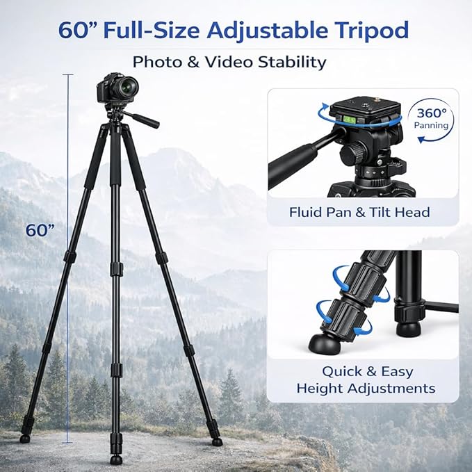 Acuvar 60” Camera Tripod Accessory Kit – Universal DSLR & Digital Camera Starter Bundle with Carrying Case, 64GB Memory Card, Remote & Cleaning Kit – for Canon Nikon Sony Panasonic Olympus