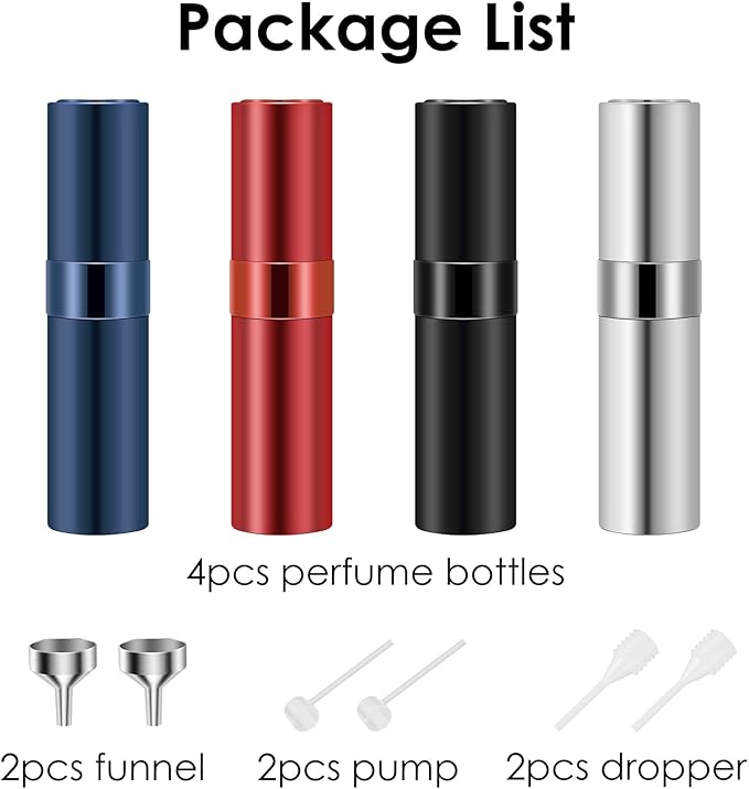 Saiveina 8ml Travel Atomizer Bottles, Refillable Mini Fragrance Bottles, Empty Cologne Sprayer, Pocket Perfume Dispenser (4 Pack)