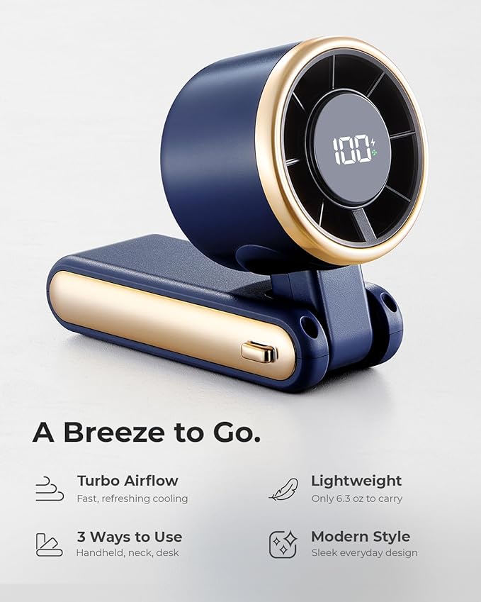 Portable Handheld Turbo Fan - 5 Gear High Speed 4000mAh Rechargeable Mini Personal Hand Fan Blow Cold Air, Battery Operated Travel Essentials, Beach Vacation, Gifts for Women, Men (Navy Blue)