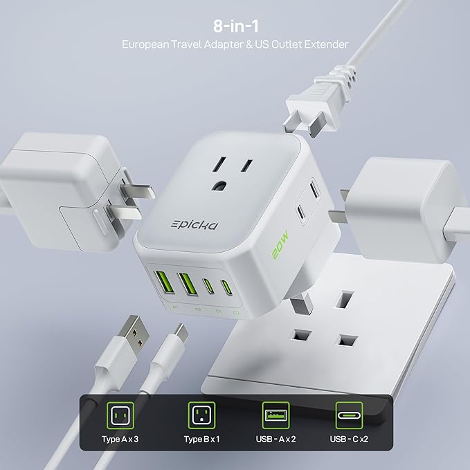 EPICKA Hybrid European Travel Plug Adapter, Foldable & Detachable Type C (EU) VisaPlug (Type G for UK)