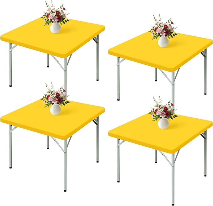 Wolkemer 4 Pack Yellow Fitted Tablecloth 34x34 Inch Square Elastic Edges Table Cloth, Spandex Stretch Table Cover with Machine Washable Fabric for Wedding Party Picnic Dining Indoor Outdoor