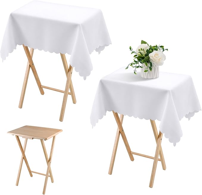 Oudain 2 Pcs Small Tablecloth Washable Fabric Folding TV Tray Table Cloth Polyester Solid Color Nightstand Cover for Bedside Table Side Outdoor Indoor (White,24 x 36 Inch,Lace Edge)