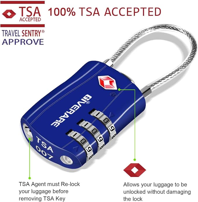 GIVERARE 2 Pack TSA Approved Luggage Locks, Combination Travel Cable Lock, Re-settable 3-Digit Padlocks with Alloy Body, Keyless TSA Padlock for Gym Locker, Golf Bag Case-Blue
