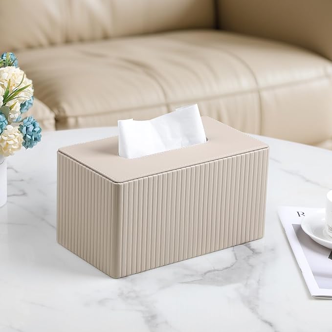 Extra Large Tissue Box Cover for Standard Size 180 to 230 Count Box of Tissues, PU Leather Rectangle Tissue Holder with Magnetic Closure (Beige)