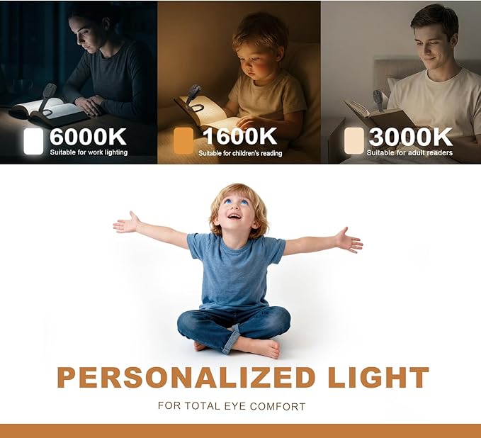 Rechargeable Kids Book Light, Cute Bookmark Reading Light for Kids, Dimmable Portable LED Book Light for Reading in Bed, Eye-Caring Bedtime Reading Lamp for Children & Travel, Black